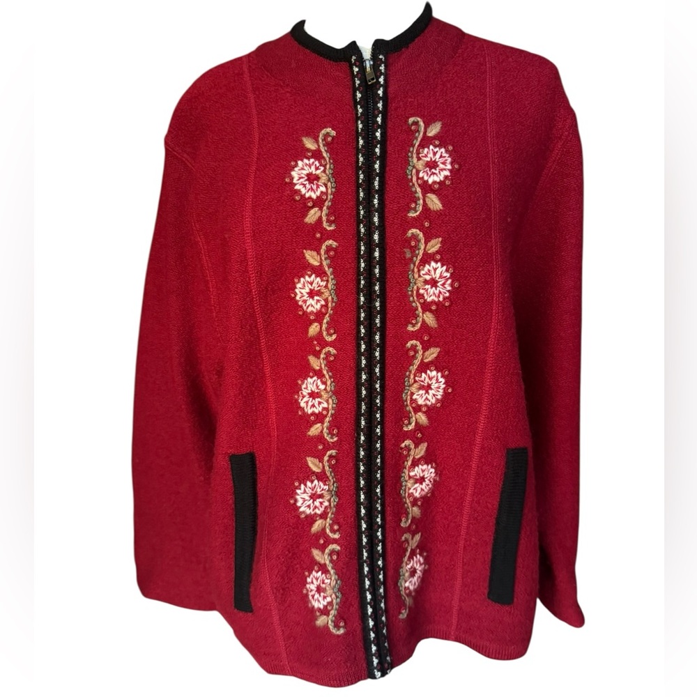 Early 1990s Real Comfort 100% Wool Nordic Design Floral Embroidered Full Zip Car